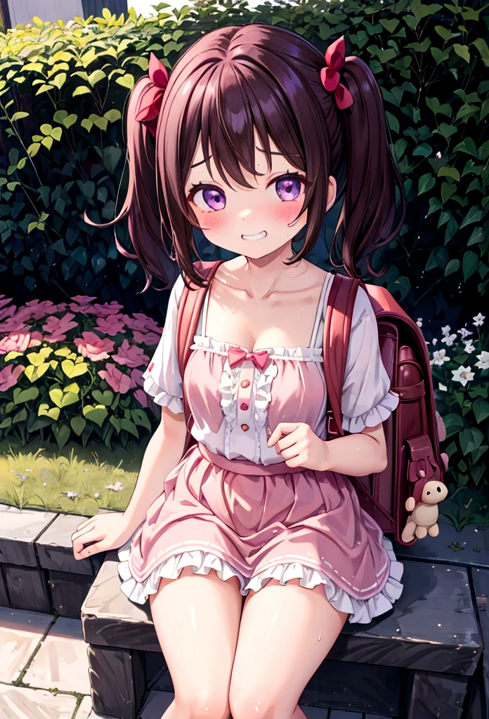 masterpiece, Highest quality, Nico_Yazawa,High resolution, 1 Girl, alone, Brown Hair, short hair, Twin tails、Purple eyes, Cowboy Shot, Frill dress, , Pink Dress, (Cleavage)、(Beautiful thighs)、city, Outdoor, garden, Carrying a red backpack, (randoseru backpack:1.2) Sweaty、Thick thighs、Highest quality、4K、1girl, 8years old, loli, cute, grin, 、Skirt lift striped underwear、In the city、Many passersby are surrounding the girl.、、Thick thighs、Mesgaquismiles、Men holding their penises and surrounding girls、Semen from the penis、Bukkake、Bukkake、（Bukkake）