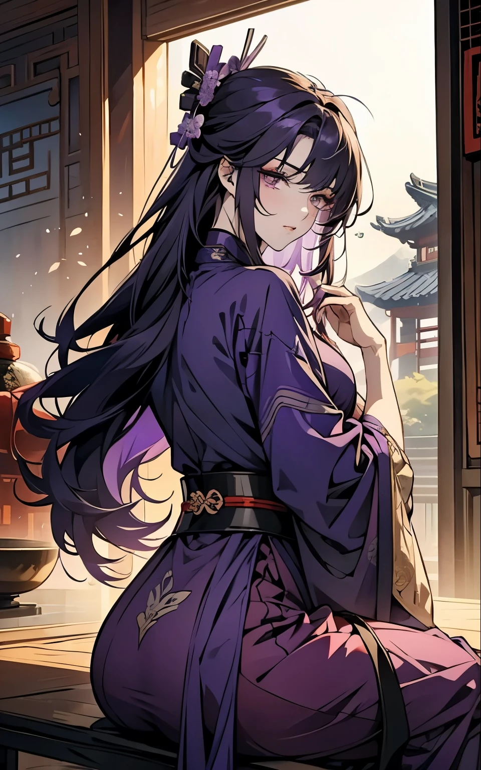 1 women, Raiden Shogun - genshin impact, long purple hair, violet eyes, violet chinese clothes, ultra long skirt, sitting at a table in chinese room