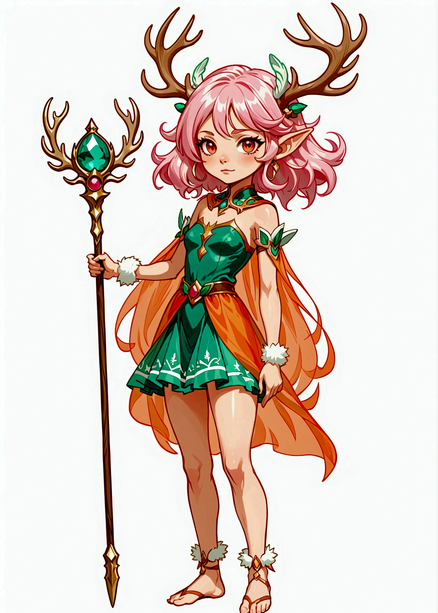 game character,Cartoon anime style,beautiful girl,Fluffy pink hair,Pink Eyes,antlers,Elf ears,Orange tulle short skirt,Scepter,Long legs,Standing barefoot,Foot ring。(((Correct human anatomy))),White background