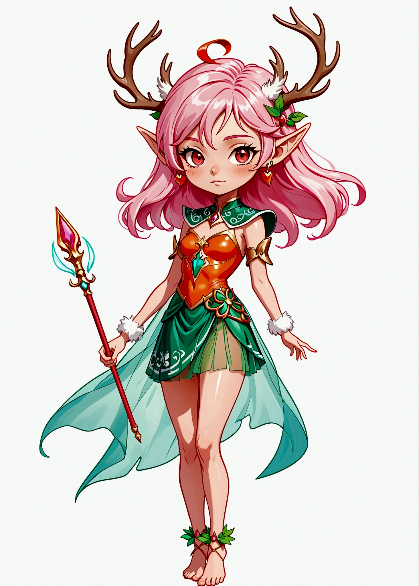 game character,Cartoon anime style,beautiful girl,Fluffy pink hair,Pink Eyes,antlers,Elf ears,Orange tulle short skirt,Scepter,Long legs,Standing barefoot,Foot ring。(((Correct human anatomy))),White background