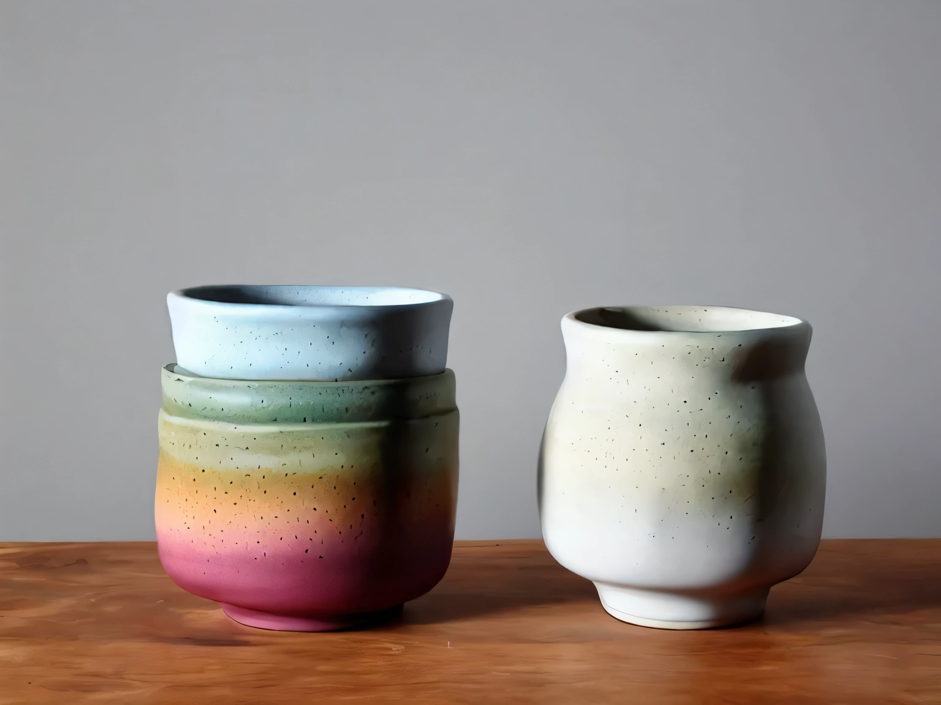 (Still),Colored glaze ceramics, containers,Vision,Lots of white space,(masterpiece), (best quality), Simple background, Rule of Thirds, (Still) Colored glaze ceramics, Backlight, real life, lifelike, actual, no humans, wood