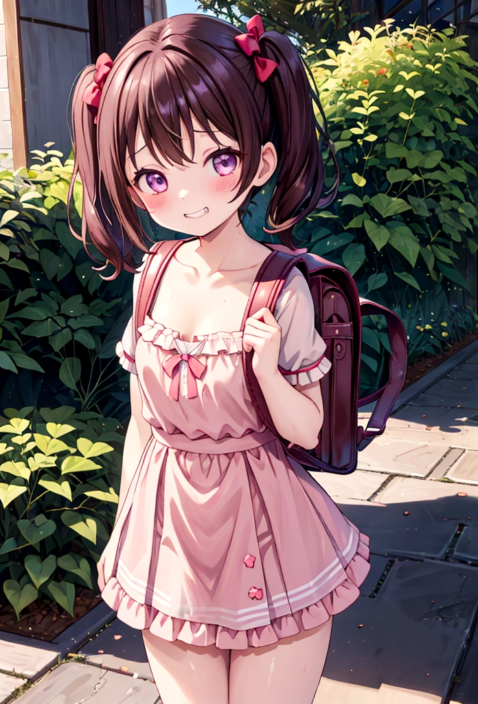 masterpiece, Highest quality, Nico_Yazawa,High resolution, 1 Girl, alone, Brown Hair, short hair, Twin tails、Purple eyes, Cowboy Shot, Frill dress, , Pink Dress, (Cleavage)、(Beautiful thighs)、city, Outdoor, garden, Carrying a red backpack, (randoseru backpack:1.2) Sweaty、Thick thighs、Highest quality、4K、1girl, 8years old, loli, cute, grin, 、Skirt lift striped underwear、In the city、Many passersby are surrounding the girl.、、Thick thighs、Mesgaquismileen holding their penises and surrounding girls、Semen from the penis、Bukkake、Bukkake、(Bukkake)