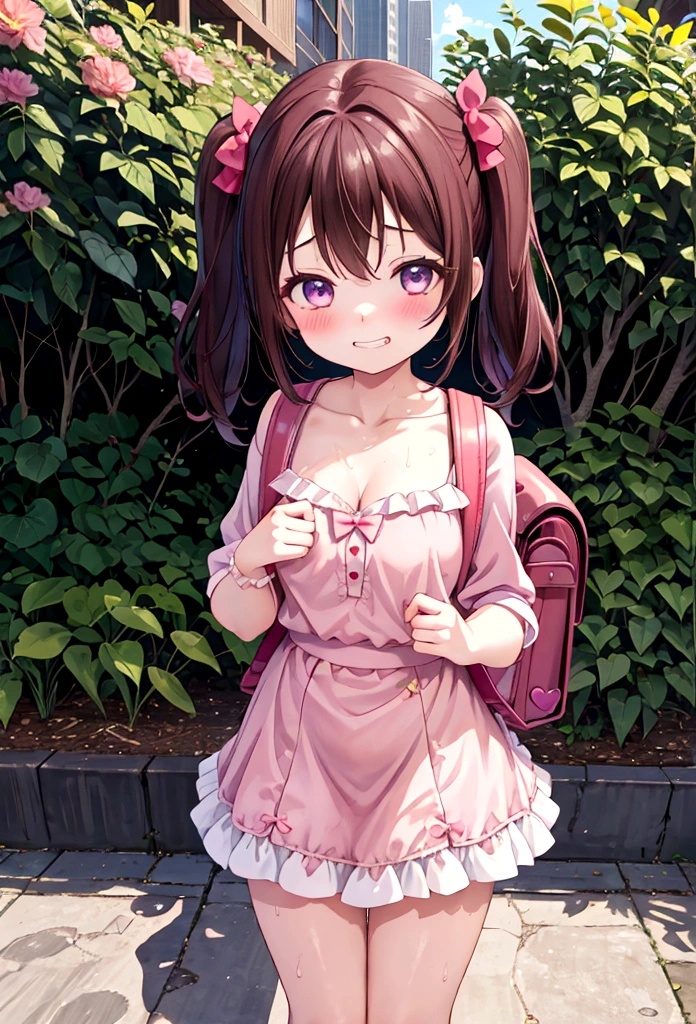 masterpiece, Highest quality, Nico_Yazawa,High resolution, 1 Girl, alone, Brown Hair, short hair, Twin tails、Purple eyes, Cowboy Shot, Frill dress, , Pink Dress, (Cleavage)、(Beautiful thighs)、city, Outdoor, garden, Carrying a red backpack, (randoseru backpack:1.2) Sweaty、Thick thighs、Highest quality、4K、1girl, 8years old, loli, cute, grin, 、Skirt lift striped underwear、In the city、Many passersby are surrounding the girl.、、Thick thighs、Mesgaquismileen holding their penises and surrounding girls、Semen from the penis、Bukkake、Bukkake、(Bukkake)