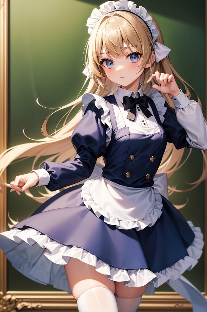 masterpiece, best quality,1girl, solo,whtie hair,medium hair,blue eyes,long sleeves,juliet sleeves,apron,maid,maid headdress,puffy sleeves,green dress,vest,buttons, white thighhighs,standing, looking at viewer, cat ear, claw pose,