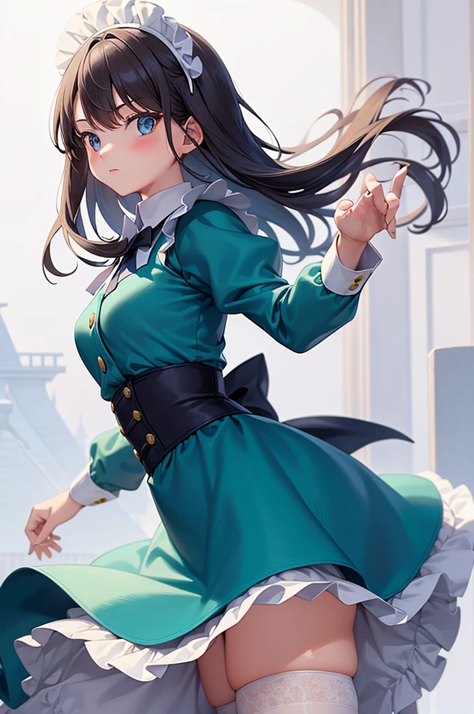 masterpiece, best quality,1girl, solo,whtie hair,medium hair,blue eyes,long sleeves,juliet sleeves,apron,maid,maid headdress,puffy sleeves,green dress,vest,buttons, white thighhighs,standing, looking at viewer, cat ear, claw pose,