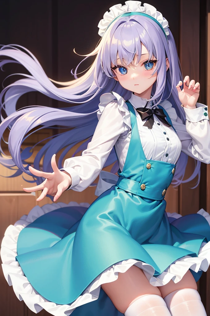 dramatic composition, coat style dress, royal, nice, カスケードfrills, frills, bow, crystal chandelier, roman curly hairstyle, ponette, double ponytail like a drill, look at the camera, bangs, maximalism, palace background, Delicate depiction of hair and eyes, princess dress, nice skirts, flowers in hand, smile, Eyes like the starry sky, cinematic light, extreme detail, High resolution, happy girl, very long hair, diamond, broken diamond, crystal shards, particles of light