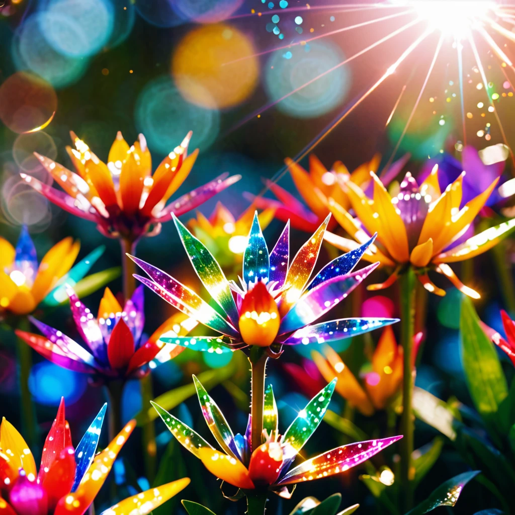 flowers, rainbow, synesthesia, light leak, bokeh, cinematic lighting, depth of field, sparkle, bloom, lens flare, overexposure, diffraction spikes, highres, 4K, 8k, 16k, HD