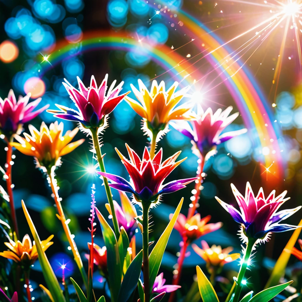 flowers, rainbow, synesthesia, light leak, bokeh, cinematic lighting, depth of field, sparkle, bloom, lens flare, overexposure, diffraction spikes, highres, 4K, 8k, 16k, HD