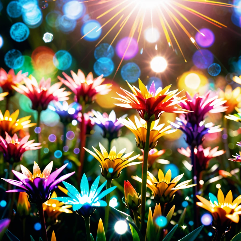 flowers, rainbow, synesthesia, light leak, bokeh, cinematic lighting, depth of field, sparkle, bloom, lens flare, overexposure, diffraction spikes, highres, 4K, 8k, 16k, HD