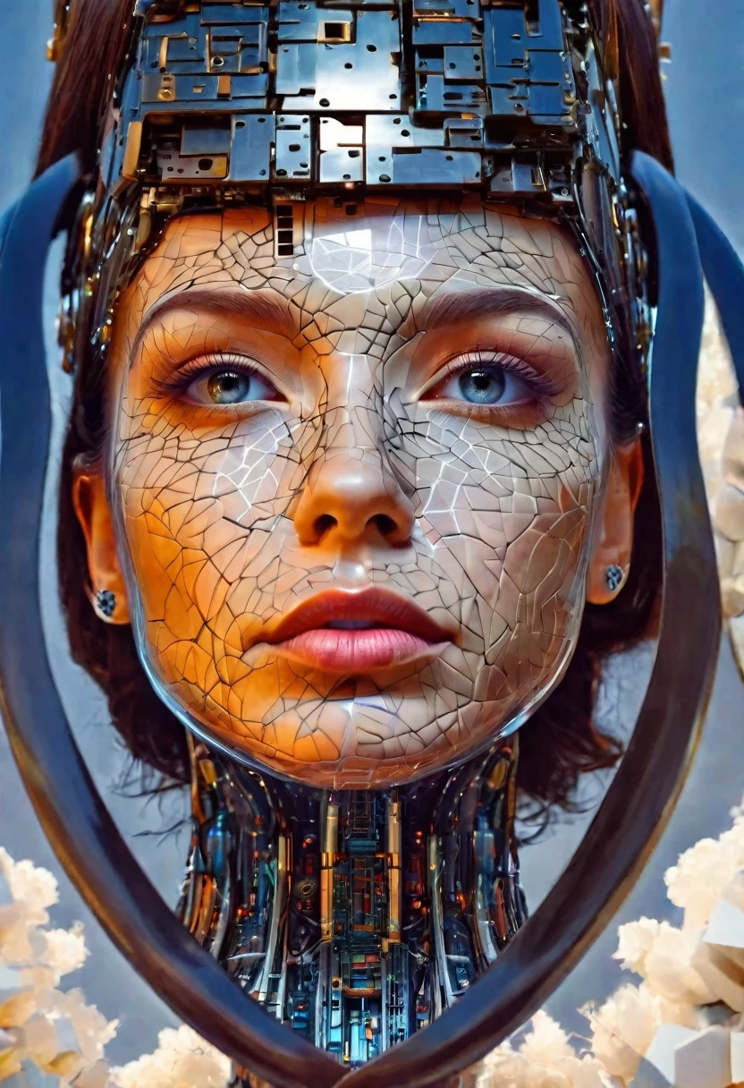 there is a woman with a head made of many pieces of a building, futuristic woman portrait, symmetrical portrait scifi, beautiful surreal portrait, surreal portrait, 4k highly detailed digital art, surrealism portrait, portrait of a cyborg queen, detailed portrait of a cyborg, great digital art with details, portrait of female humanoid, 4 k surrealism