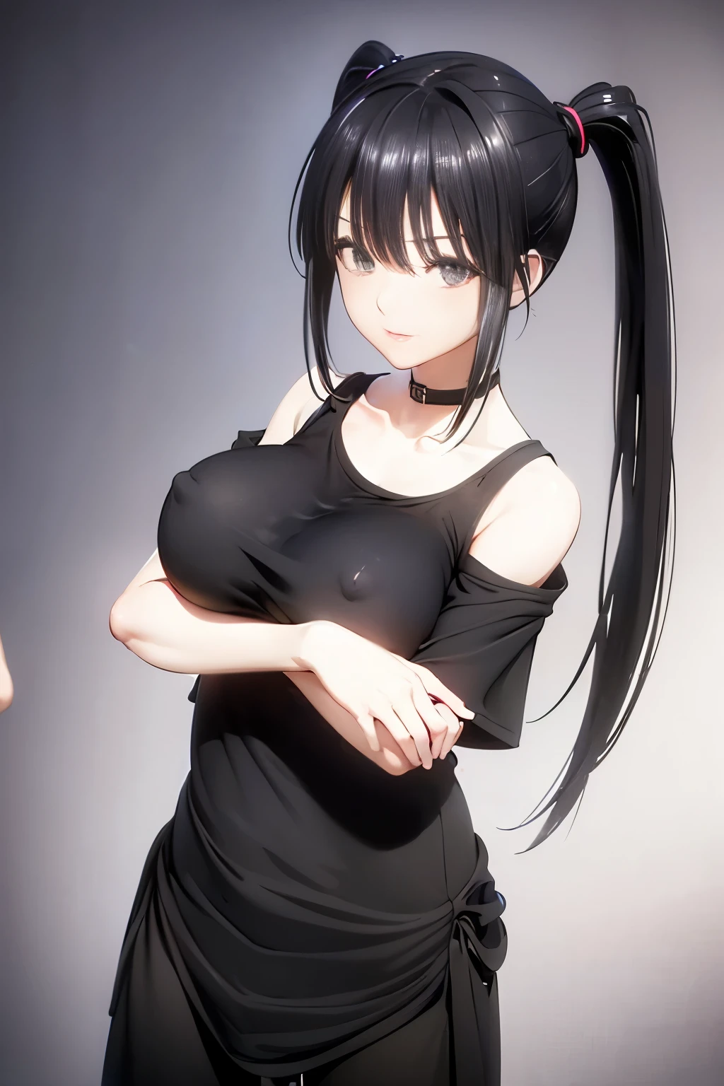 Optimal，masterpiece，High resolution，Highest quality，(Cowboy Shot)、Cute face，Black Hair、Long Hair、Twin tails、((Shoot from the front:1.5)), ((Tight black t-shirt:1.5)). ((Beautiful nipples))、((Big Breasts:1.5)), 