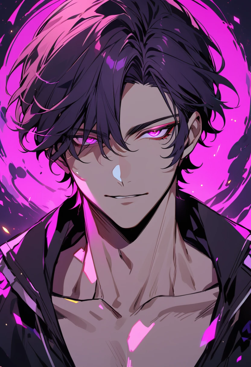 male, handsome, solo, parted bang, dark magenta hair, short hair, magenta eyes, glowing left eyes