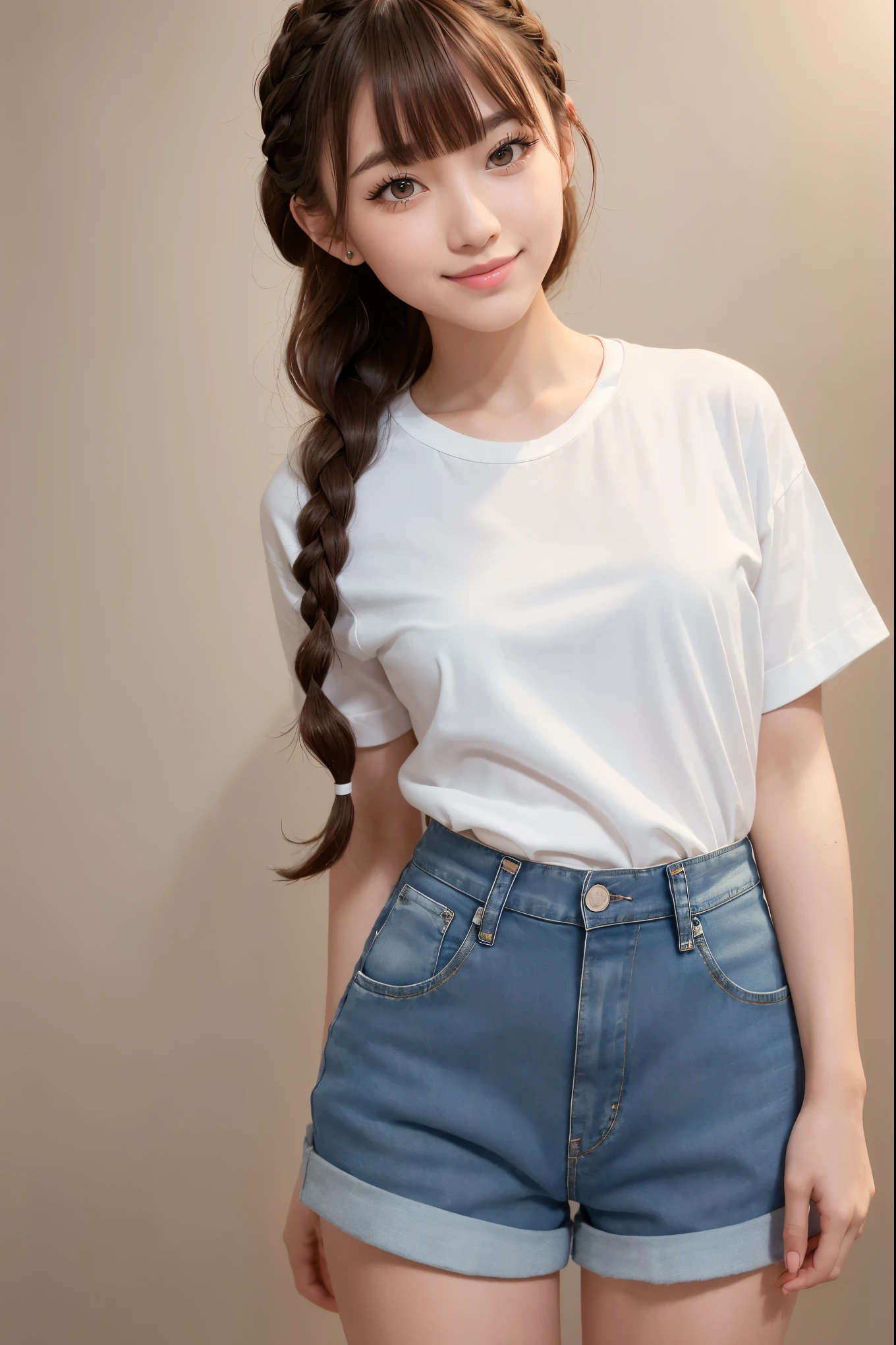 Realistic, masterpiece, Highest quality, Highest resolution, Photo from the thigh up, Gray blank background, One Japanese woman, Height: 165cm, 19 years old, (He is wearing a large white short-sleeved shirt and navy blue denim shorts.、Shirts are not tucked into pants:1.3), Happy smile, Detailed and beautiful eyes, Iris, Sparkling eyes, Thin eyebrows, Gives your eyelashes a delicate finish, False eyelashes, Date makeup, (Braided Hair, Blunt bangs, Brown Hair:1.2), Detailed face, She is looking to the side, She is smiling and looking up at the viewer., Smiling with some teeth showing, cheeks pink, Model&#39;s standard standing pose