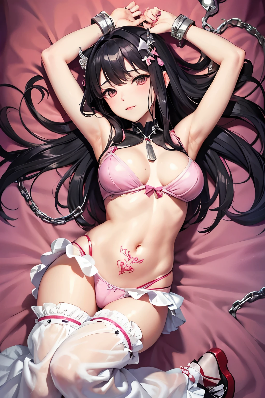 (((SFW、sound、Highest quality、first-class、masterpiece、Normal body、8K、Detailed face、Ultra-precision、Normal hand、Normal finger、5Finger、Highest)))、beautiful girl、Black Hair、Yamato Nadeshiko、Small breasts、Shortcuts、princess、Princess、tiara、Pink lewd mark、Captive、arrested、Tied down、Chained、Chained、Gorgeous Dress、Ruffled Bra、Frilled pants、The belly is exposed、Chained、Collared as a slave、Chained首輪、Enslaved、Degraded into slavery、Forced to spread her legs wide、Spread your arms wide、Chain on wrist、Chained腕、Carved with a lewd mark、With the pink heart tattoo on her, her sensitivity has doubled、She writhes in pleasure with a pink heart pattern on her navel、She's excited to have a pink heart emblem on her belly、Even though it's wrong, I'm still happy with the pleasure、A smile of ecstasy as she succumbs to pleasure、Embarrassed and blushing、Mouth open、Open your mouth and stick out your tongue、Shortness of breath、Out of breath with tongue out、White Breath、Sweaty