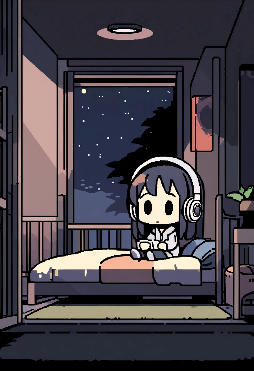 night、Girl listening to music in a cozy room, Using headphones, 2D-style animation, Lo-Fi, High resolution, Dark Environment