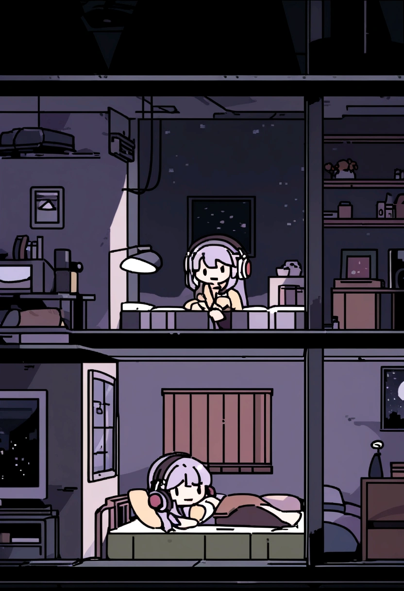 night、Girl listening to music in a cozy room, Using headphones, 2D-style animation, Lo-Fi, High resolution, Dark Environment