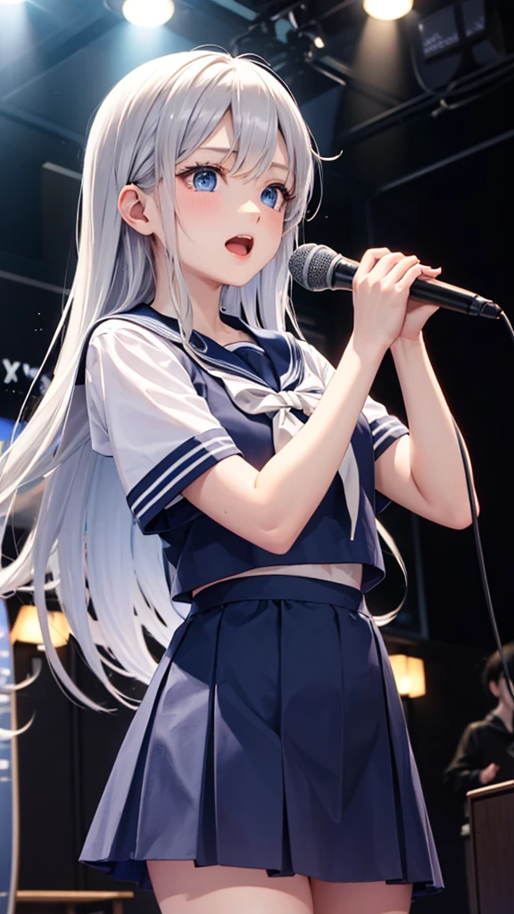 Long silver hair high school girl、Blue eyes、Sailor suit、karaoke、rehearsal