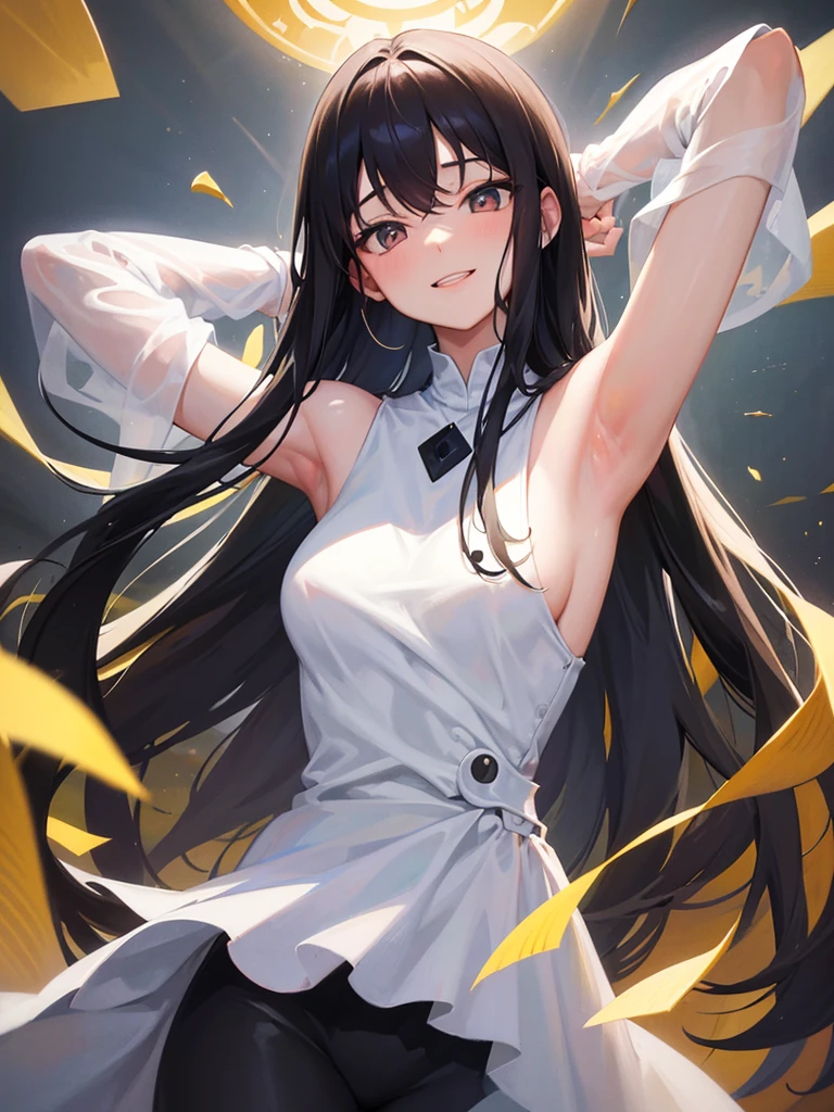 Long black hair White sexy dress Raising his arms to show his armpits smile