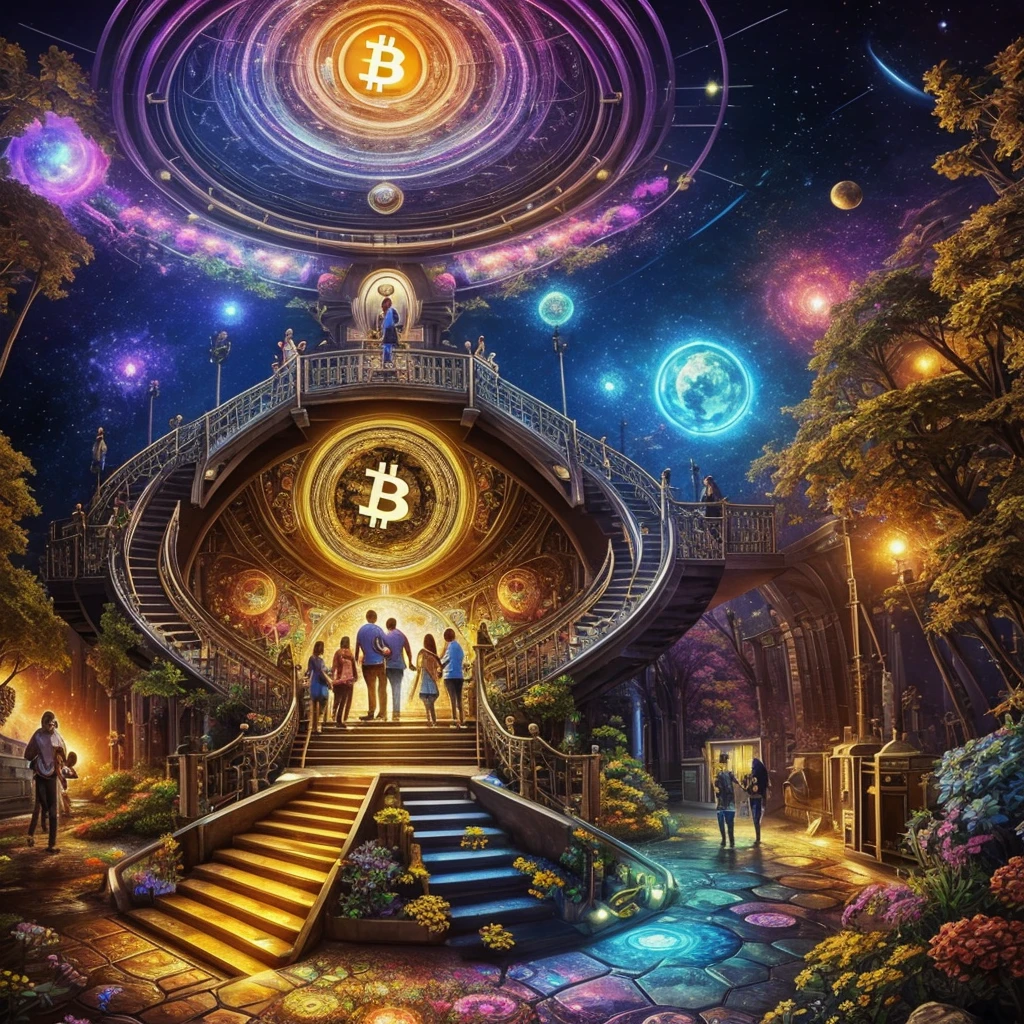 Happy family climbing a stairs to happiness in front of a giant $coin surrounded by Bitcoin and Ethereum and other $coins, concept art trending, psychedelic art, the encrypted metaverse, crypto, deepdream cosmic, happy deep dream, cryptocurrency, connecting social media platforms, giant crypto vault, crypto valut, deeper into the metaverse we go, better future 