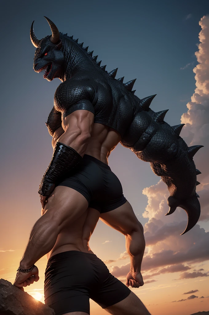 a man, with a godzilla tail, with bull horns, with black claws, light skin, black shorts