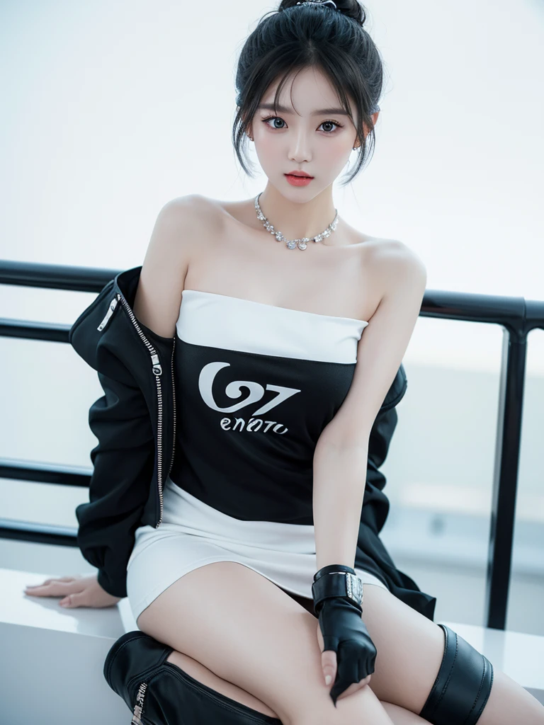 Beautiful woman wearing a black white mini dress with decorations on the shirt and visible shoulders and wearing boots and being photographed with a white background And was on the bridge , Korean style swag, beautiful face so gorgeous, Beautiful eyes, y2k style