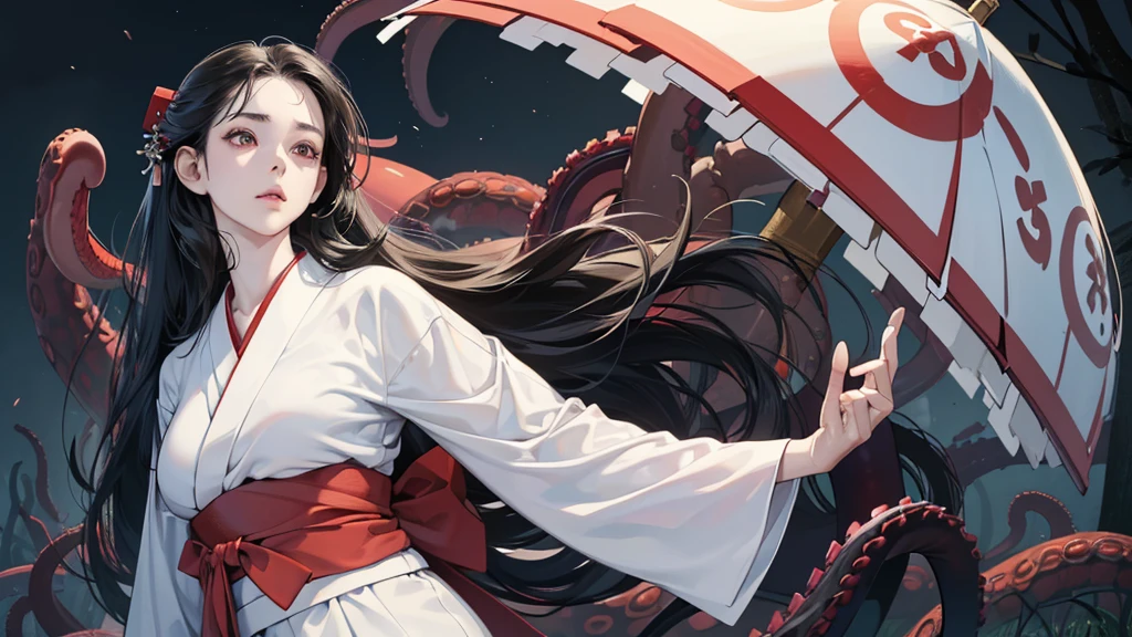 (perfect anatomy:1.2)(absurdres, highres, ultra detailed),masterpiece,best quality,high resolution,8K,Realistic face,Realistic skin texture,magnified textures, stunning clarity,(1 girl),detailed anime girl,japanese lowteen girl,ultra detailed eyes and face,(black hair),long hair,creepy swamp,mysterious eyes,midnight,(tentacles in the background:1.2),pale skin,Japanese shrine maiden, ,(white kimono),(red hakama) thin body type,big breasts,(expressionless:1.2),(from front),upper body,,Daytime,look at viewer