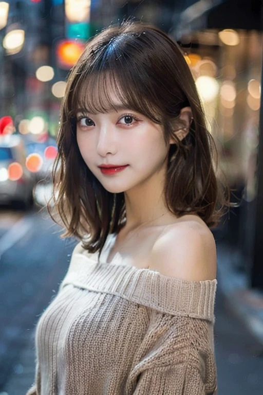 a cowboy shot woman with medium brown hair, stand in city with blur background. wear an off-shoulder grey blouse, left shoulder slightly dropped. looks directly at camera with a soft, confident expression.
