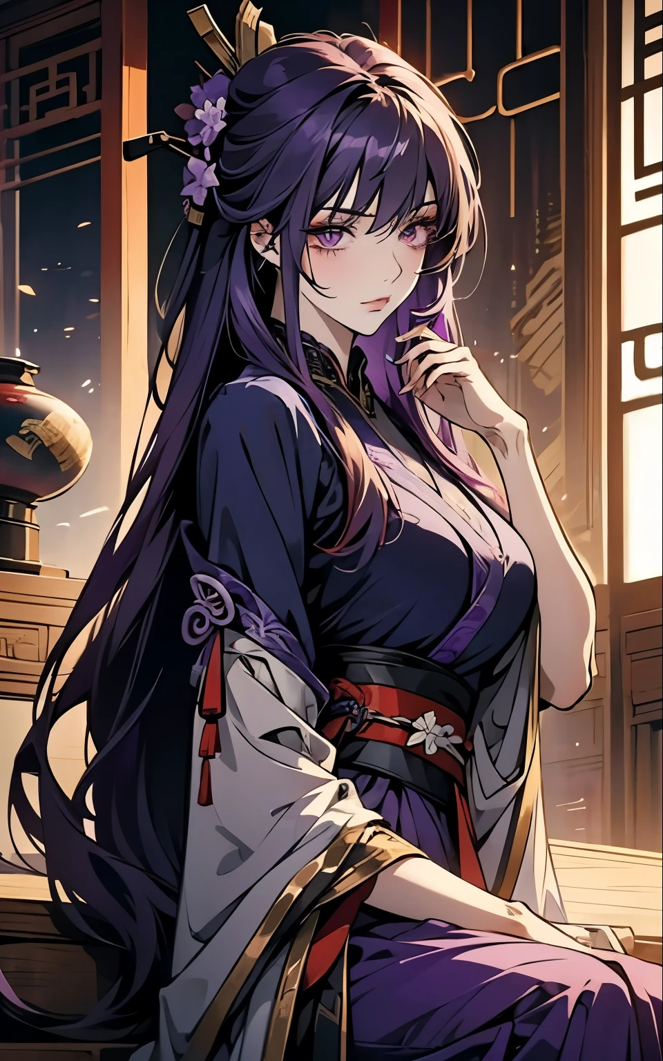 1 women, Raiden Shogun - genshin impact, long purple hair, violet eyes, violet chinese clothes, ultra long skirt, sitting at a table in chinese room