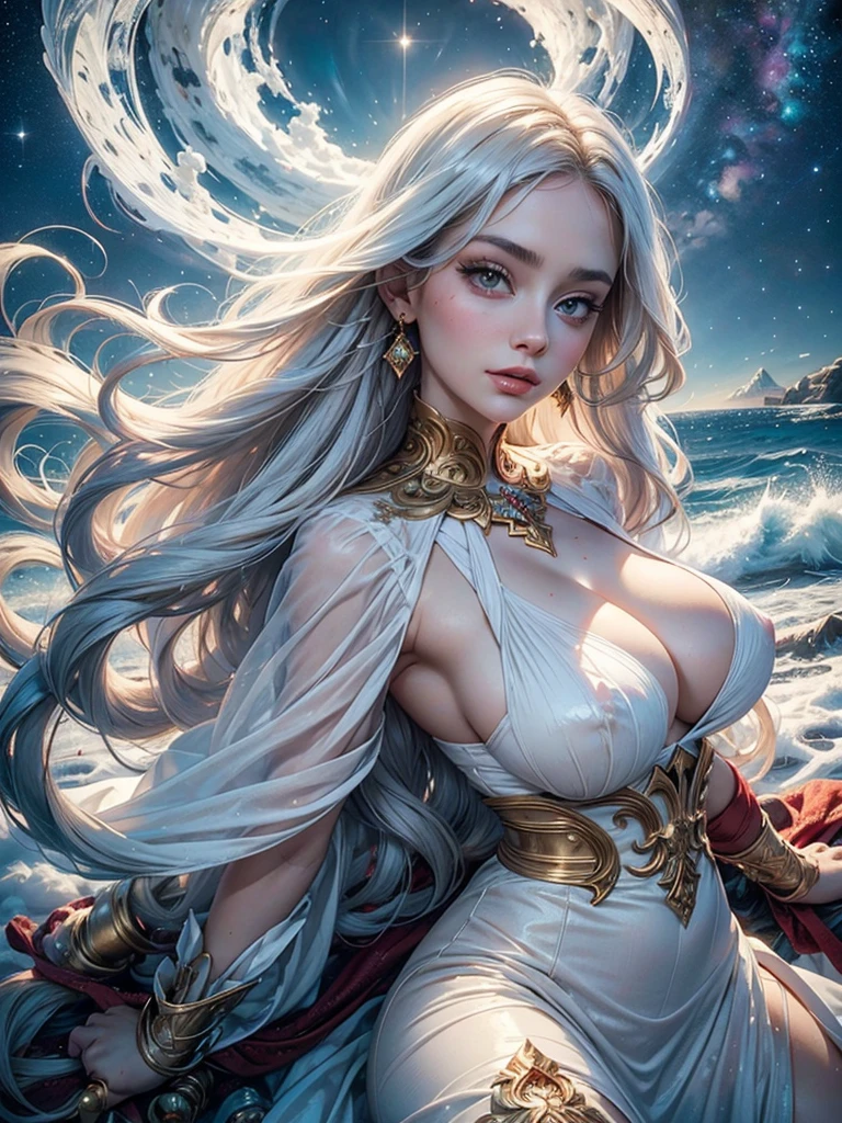 Lily Collina beautiful face, Caucasians, NFV, portrait, white heat, white theme, big, Sesquipedalian, Двухвостая goddess-монахиня,best quality specialist,Snow White,8K high quality,goddess,huge breasts,A pair of big eyes is beautiful and touching,White skin,apply makeup,Red Longhair,voltage,crystal Clean,Yarn through,Athenaeum Palace,curls,Long white hair,cloth,There was a view,Search,gold;jewelry,Space-time gate,Milky Way,Over the ocean,Ride huge whales,Rough sea,Greatwave