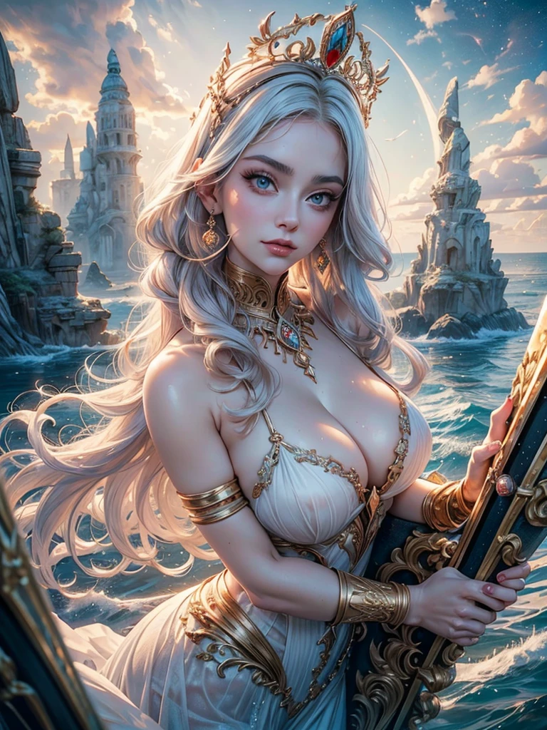 Lily Collina beautiful face, Caucasians, NFV, portrait, white heat, white theme, big, Sesquipedalian, Двухвостая goddess-монахиня,best quality specialist,Snow White,8K high quality,goddess,huge breasts,A pair of big eyes is beautiful and touching,White skin,apply makeup,Red Longhair,voltage,crystal Clean,Yarn through,Athenaeum Palace,curls,Long white hair,cloth,There was a view,Search,gold;jewelry,Space-time gate,Milky Way,Over the ocean,Ride huge whales,Rough sea,Greatwave