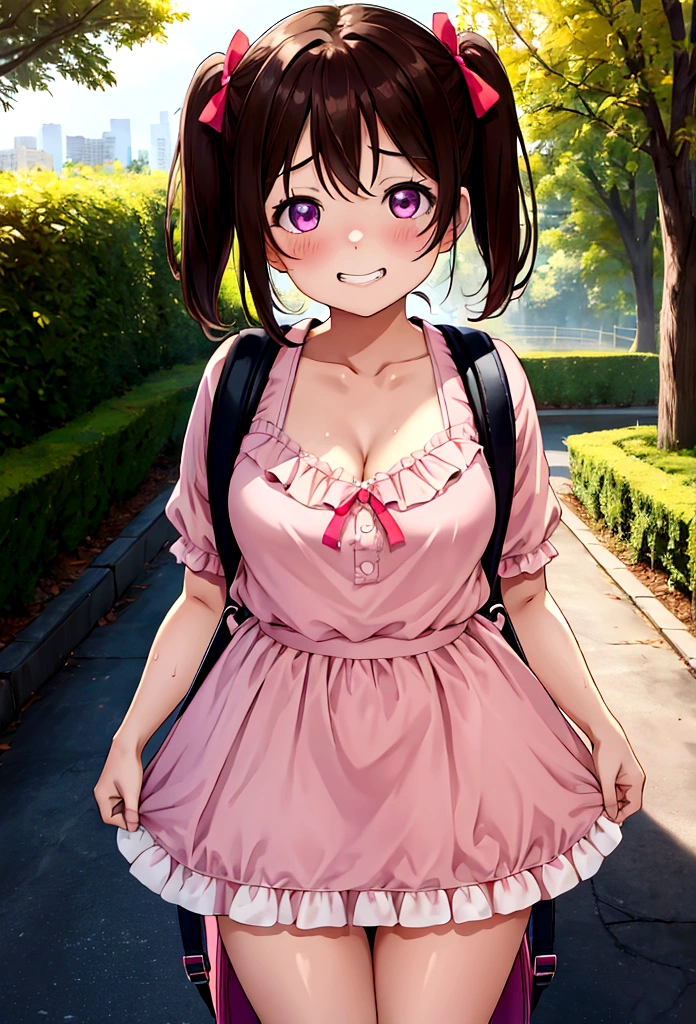 masterpiece, Highest quality, Nico_Yazawa,High resolution, 1 Girl, alone, Brown Hair, short hair, Twin tails、Purple eyes, Cowboy Shot, Frill dress, , Pink Dress, (Cleavage)、(Beautiful thighs)、city, Outdoor, garden, Carrying a red backpack, (randoseru backpack:1.2) Sweaty、Thick thighs、Highest quality、4K、1girl, 8years old, ****, cute, grin, 、Skirt lift striped underwear、In the city、Many passersby are surrounding the girl.、、Thick thighs、Mesgaquismiles、Men holding their penises and surrounding girls、Semen from the penis、Bukkake、Bukkake、（Bukkake）