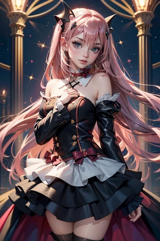 Krul Tepes, ornament hair, vampir girl, perfectly body, perfectly hands, wave hair, pink hair, long hair, blue eyes, black dress, more details on her clothes, black dress with gold details, night, ornament hair, long hair, 1 girl, Looking at the audience, on the stage holding a microphone,  flowing hair, Beautiful Eyes, Plump and glossy lips, Idol, dress with too many frills, black dress, black laces, black Short skirt, Drape clothes, pink gem, Lace trim, bright stage, luxury gold details, gold jewelry, more details, best quality, Big sparkling eyes, blushing, Striped Lace Stockings, black ****ta skirt, sparkle, solo, centered girl, cowboy shot, perfectly body, perfectly hands, two arms, two legs, two hands, five fingers, perfect anatomy, glowing hair, white roses, 1girl, dress, solo, flowing hair, floating hair, ornament hair, perfectly body, perfectly hands, on the stage, sparkles, more details on her clothes, dress with transparency, golden details on her dress, night, holding a microphone, ((4k, masterpiece, top-quality)), 8k, best quality, high resolution, UHD, (illustration:0.8), super cute girl, delicate and beautiful face, mature girl, super cute hairstyle, (beautiful detailed eyes:1.6), extremely detailed face, perfect lighting, extremely detailed CG, (perfect hands, perfect anatomy), Best quality 