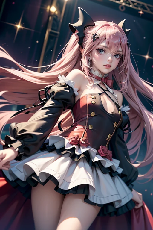 Krul Tepes, ornament hair, vampir girl, perfectly body, perfectly hands, wave hair, pink hair, long hair, blue eyes, black dress, more details on her clothes, black dress with gold details, night, ornament hair, long hair, 1 girl, Looking at the audience, on the stage holding a microphone,  flowing hair, Beautiful Eyes, Plump and glossy lips, Idol, dress with too many frills, black dress, black laces, black Short skirt, Drape clothes, pink gem, Lace trim, bright stage, luxury gold details, gold jewelry, more details, best quality, Big sparkling eyes, blushing, Striped Lace Stockings, black Lolita skirt, sparkle, solo, centered girl, cowboy shot, perfectly body, perfectly hands, two arms, two legs, two hands, five fingers, perfect anatomy, glowing hair, white roses, 1girl, dress, solo, flowing hair, floating hair, ornament hair, perfectly body, perfectly hands, on the stage, sparkles, more details on her clothes, dress with transparency, golden details on her dress, night, holding a microphone, ((4k, masterpiece, top-quality)), 8k, best quality, high resolution, UHD, (illustration:0.8), super cute girl, delicate and beautiful face, mature girl, super cute hairstyle, (beautiful detailed eyes:1.6), extremely detailed face, perfect lighting, extremely detailed CG, (perfect hands, perfect anatomy), Best quality 