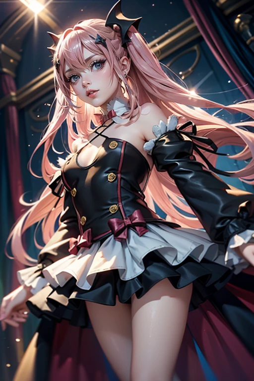 Krul Tepes, ornament hair, vampir girl, perfectly body, perfectly hands, wave hair, pink hair, long hair, blue eyes, black dress, more details on her clothes, black dress with gold details, night, ornament hair, long hair, 1 girl, Looking at the audience, on the stage holding a microphone,  flowing hair, Beautiful Eyes, Plump and glossy lips, Idol, dress with too many frills, black dress, black laces, black Short skirt, Drape clothes, pink gem, Lace trim, bright stage, luxury gold details, gold jewelry, more details, best quality, Big sparkling eyes, blushing, Striped Lace Stockings, black Lolita skirt, sparkle, solo, centered girl, cowboy shot, perfectly body, perfectly hands, two arms, two legs, two hands, five fingers, perfect anatomy, glowing hair, white roses, 1girl, dress, solo, flowing hair, floating hair, ornament hair, perfectly body, perfectly hands, on the stage, sparkles, more details on her clothes, dress with transparency, golden details on her dress, night, holding a microphone, ((4k, masterpiece, top-quality)), 8k, best quality, high resolution, UHD, (illustration:0.8), super cute girl, delicate and beautiful face, mature girl, super cute hairstyle, (beautiful detailed eyes:1.6), extremely detailed face, perfect lighting, extremely detailed CG, (perfect hands, perfect anatomy), Best quality 