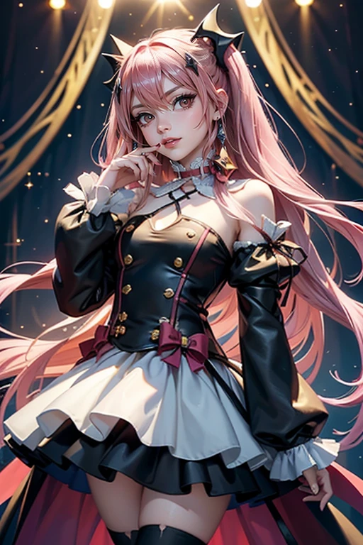 Krul Tepes, ornament hair, vampir girl, perfectly body, perfectly hands, wave hair, pink hair, long hair, blue eyes, black dress, more details on her clothes, black dress with gold details, night, ornament hair, long hair, 1 girl, Looking at the audience, on the stage holding a microphone,  flowing hair, Beautiful Eyes, Plump and glossy lips, Idol, dress with too many frills, black dress, black laces, black Short skirt, Drape clothes, pink gem, Lace trim, bright stage, luxury gold details, gold jewelry, more details, best quality, Big sparkling eyes, blushing, Striped Lace Stockings, black Lolita skirt, sparkle, solo, centered girl, cowboy shot, perfectly body, perfectly hands, two arms, two legs, two hands, five fingers, perfect anatomy, glowing hair, white roses, 1girl, dress, solo, flowing hair, floating hair, ornament hair, perfectly body, perfectly hands, on the stage, sparkles, more details on her clothes, dress with transparency, golden details on her dress, night, holding a microphone, ((4k, masterpiece, top-quality)), 8k, best quality, high resolution, UHD, (illustration:0.8), super cute girl, delicate and beautiful face, mature girl, super cute hairstyle, (beautiful detailed eyes:1.6), extremely detailed face, perfect lighting, extremely detailed CG, (perfect hands, perfect anatomy), Best quality 