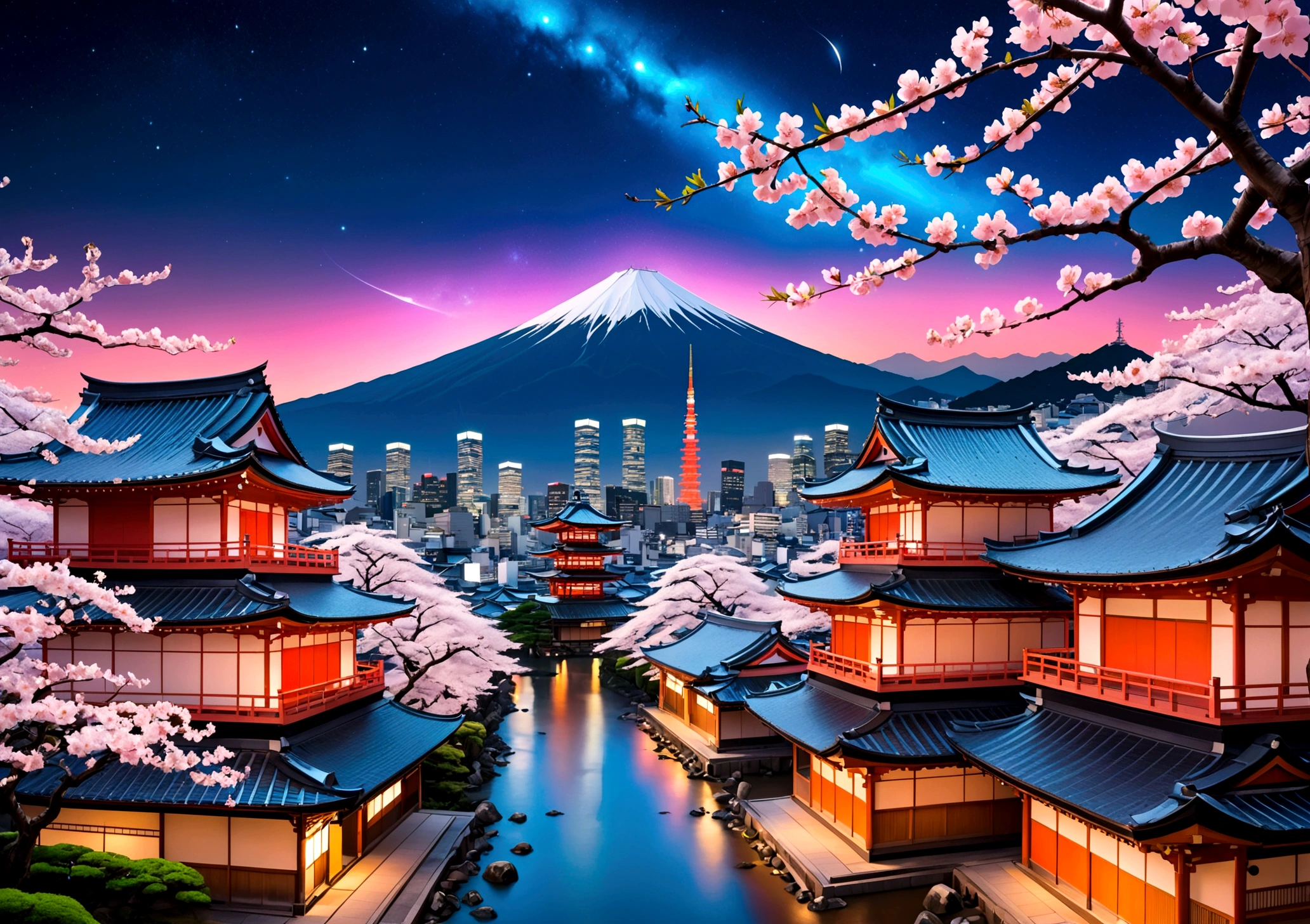 A mesmerizing photograph capturing the perfect blend of modernity and tradition. In the foreground, a bustling city demonstrates the vibrant, contemporary side of Japan, with neon lights streaking across the night sky. The cityscape, a fusion of towering skyscrapers and traditional Japanese architecture, creates an inviting and lively atmosphere. In the background, starry sky stands tall, crowned by delicate cherry blossoms, symbolizing the harmonious relationship between urban life and the breathtaking natural beauty Japan is known for. The soft, calming colors used in the image evoke a sense of peace and relaxation, transporting the viewer to the heart of Japan., photo