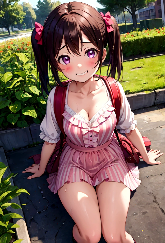 masterpiece, Highest quality, Nico_Yazawa,High resolution, 1 Girl, alone, Brown Hair, short hair, Twin tails、Purple eyes, Cowboy Shot, Frill dress, , Pink Dress, (Cleavage)、(Beautiful thighs)、city, Outdoor, garden, Carrying a red backpack, (randoseru backpack:1.2) Sweaty、Thick thighs、Highest quality、4K、1girl, 8years old, ****, cute, grin, 、Skirt lift striped underwear、In the city、Many passersby are surrounding the girl.、、Thick thighs、Mesgaquismiles、Men holding their penises and surrounding girls、Semen from the penis、Bukkake、Bukkake、（Bukkake）