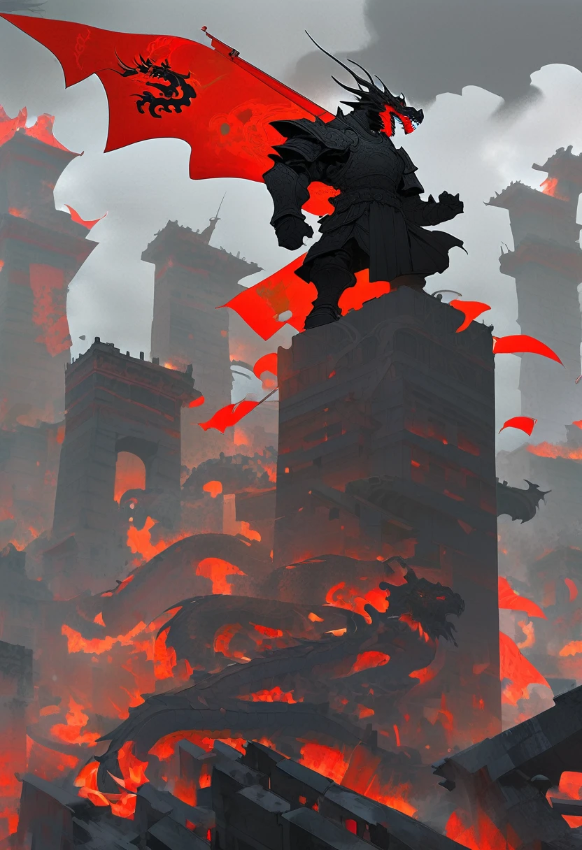 A man stands atop the ruins of a broken city, his red war flag with a dragon pattern billowing in the wind. He wears a black armor, his face twisted in a snarl of anger. The cityscape behind him is a maze of crumbling buildings and twisted metal. The sky is a deep, foreboding grey. Copy code block