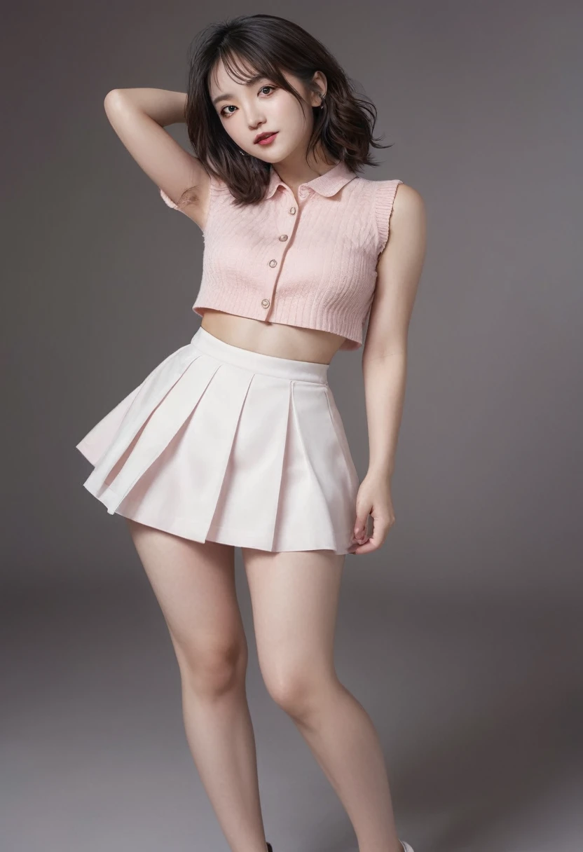 a close up of a woman in a Short skirt and a crop top, wearing White skirt, White skirt, White skirt and barechest, White mini skirt, Wear a crop top and miniskirt, wear a skirt, Korean female fashion models, Fashion, Pleated Mini Skirt, Short skirt, White and light pink combination, Pink Mini Skirt,Living room background