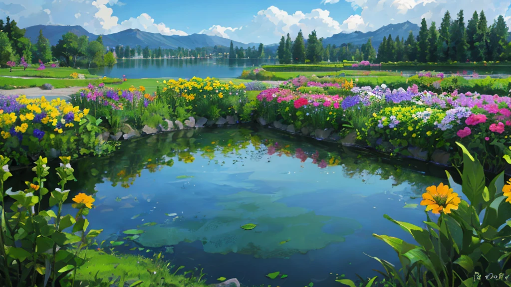 flowers,garden,lake