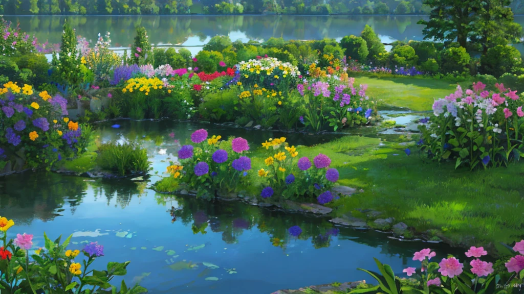 flowers,garden,lake