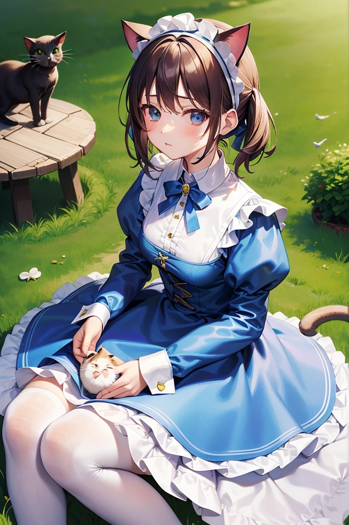 masterpiece, best quality,1girl, solo,whtie hair,medium hair,blue eyes,long sleeves,juliet sleeves,apron,maid,maid headdress,puffy sleeves,green dress,vest,buttons, white thighhighs,standing, looking at viewer, ((cat ear:1.2), hands on own knees,