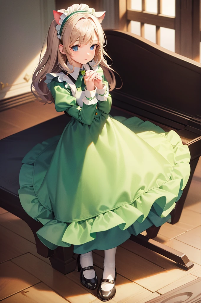 masterpiece, best quality,1girl, solo,whtie hair,medium hair,blue eyes,long sleeves,juliet sleeves,apron,maid,maid headdress,puffy sleeves,green dress,vest,buttons, white thighhighs,standing, looking at viewer, ((cat ear:1.2), hands on own knees,