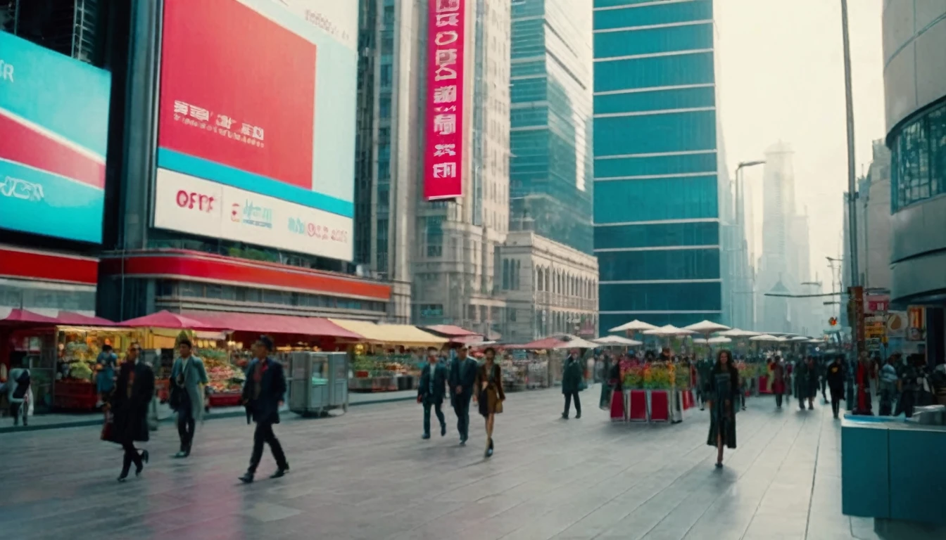 middle ground camera view of different beautiful people walking in a pedestrian street in a megacity at morning time wearing eielegant, sexy and futuristic clothes, a lot of beautiful women are in very sexy short dresses and deep cleavaged futuristic fashion clothes, in the heart of the dysoptian futuristic megacity there are street vendors, candelabra, benches on which people sit, colorful signs, cables.Different futuristic high tech vehicles. Different styled buildings cover the side of the futuristic street, the natural light of the sun illuminates at daytime. Bustling megacity with many skyscrapers in the background, Natural lights, neutral colors, lomochrome, vintage color tones, dramatic, dynamic composition.Lifelike textures, sharp focus, depth of field, cinematic lighting, Contrast lighting, volumetric lighting, best shadows,sharp focus, depth pf field, photorealism, Realism, Cinematic, Photoreal, 35mm film Screengrab a Super Panavision film, in color. best quality , hdr, uhd, 8k, 35 mm film, analog camera shot.