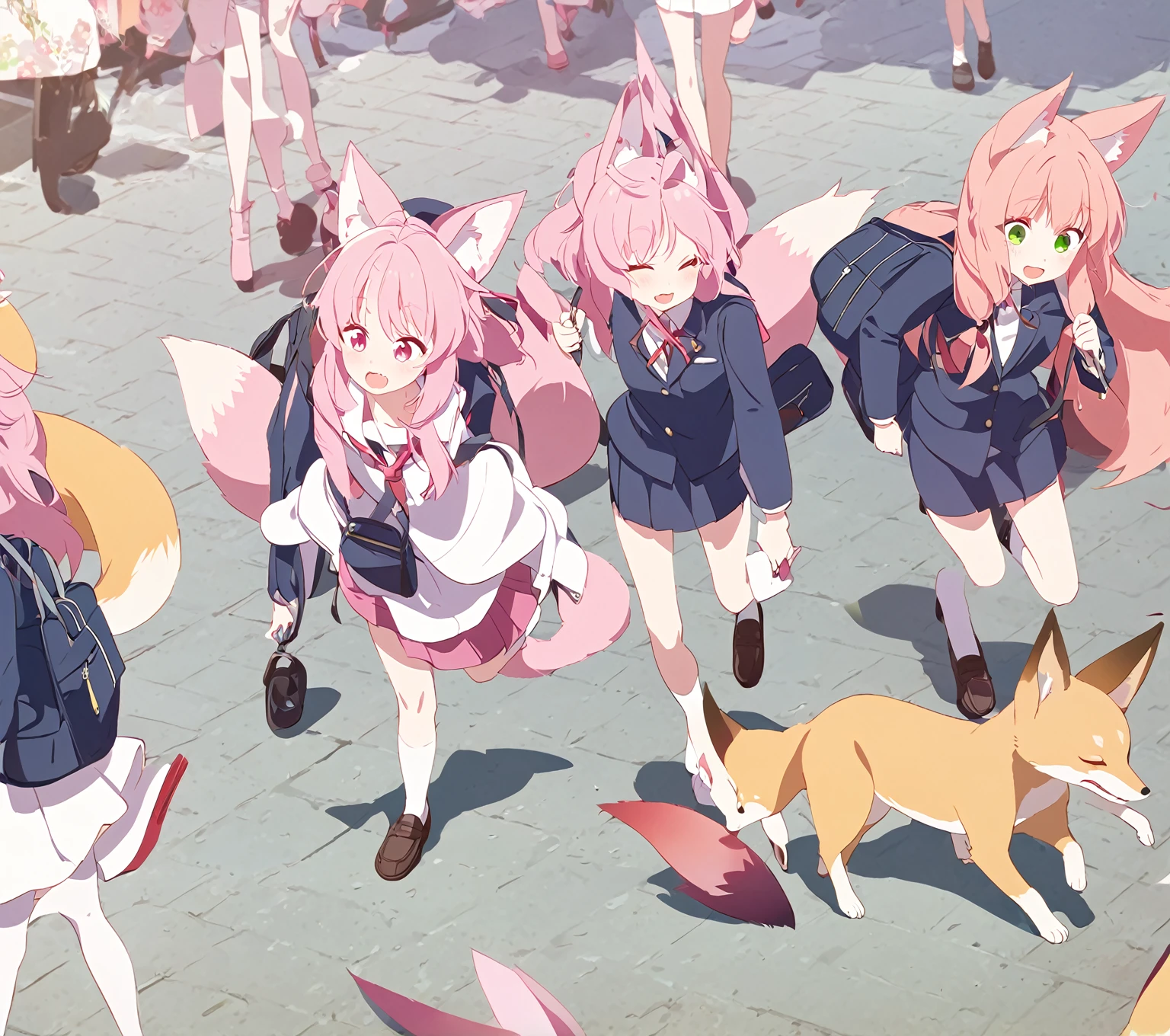 A ****** Kitsune, pink fur, green eyes long kitsune ears, several pink tails, wearing school suit, with a little fox walking next to her