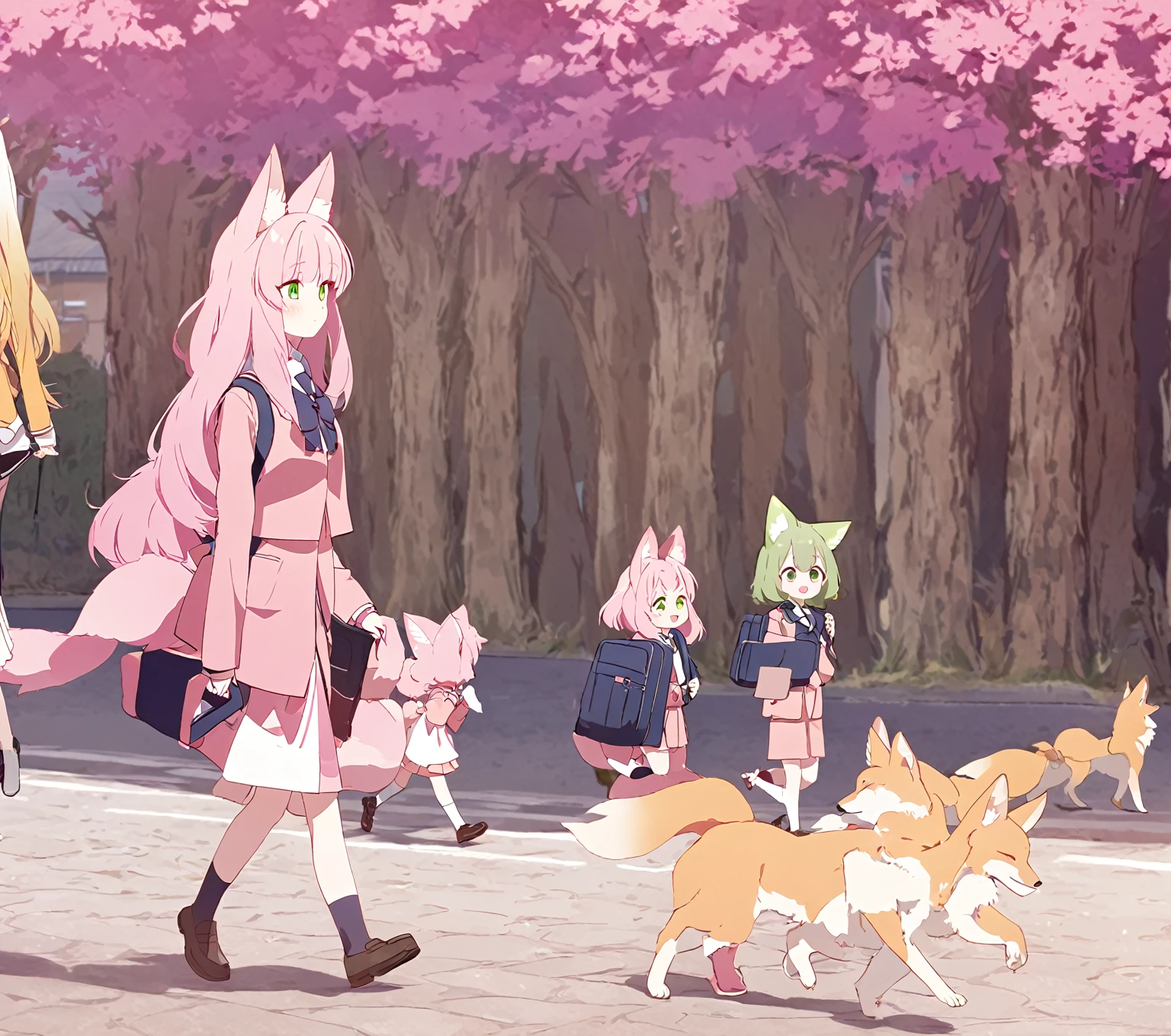 A little Kitsune, pink fur, green eyes long kitsune ears, several pink tails, wearing school suit, with a little fox walking next to her