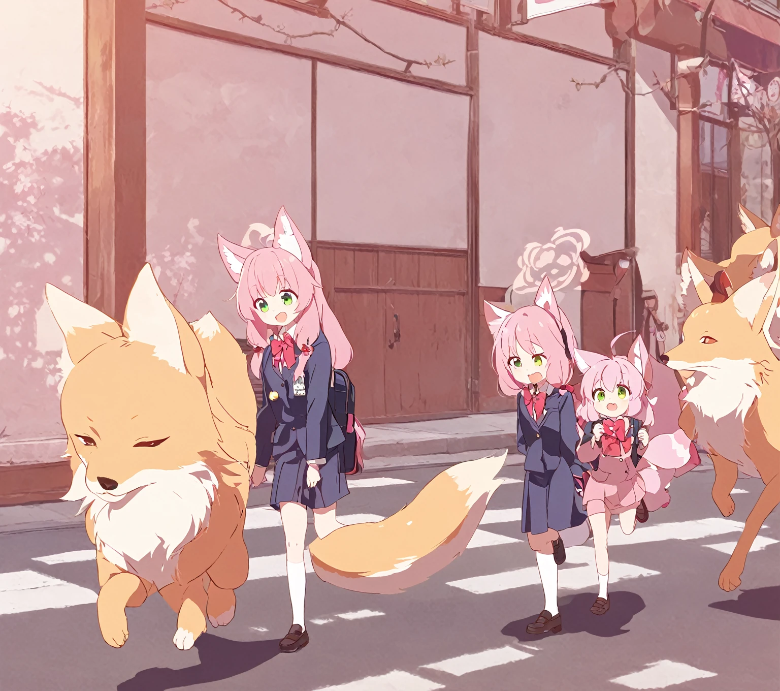 A  Kitsune, pink fur, green eyes long kitsune ears, several pink tails, wearing school suit, with a little fox walking next to her