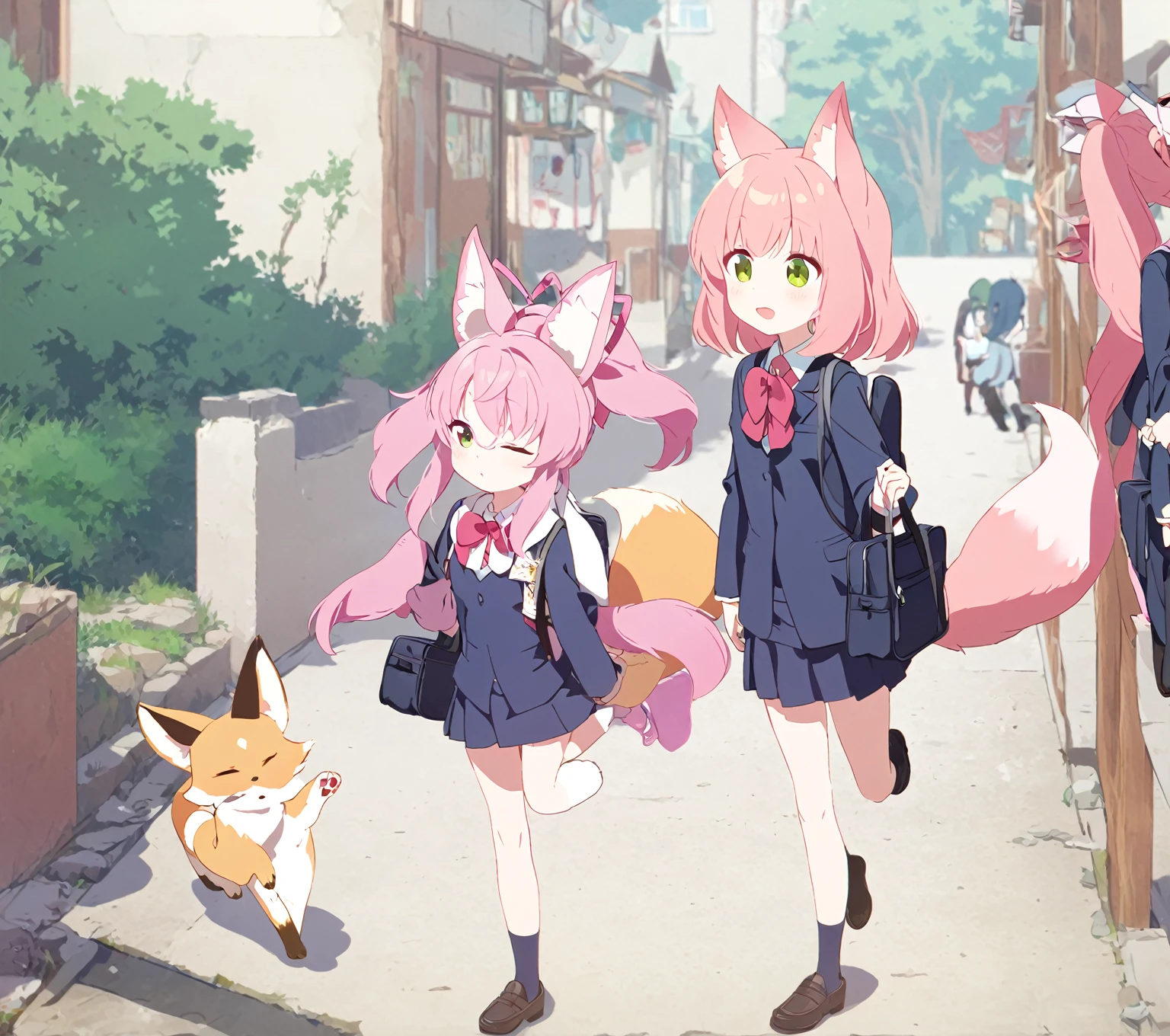 A  Kitsune, pink fur, green eyes long kitsune ears, several pink tails, wearing school suit, with a little fox walking next to her