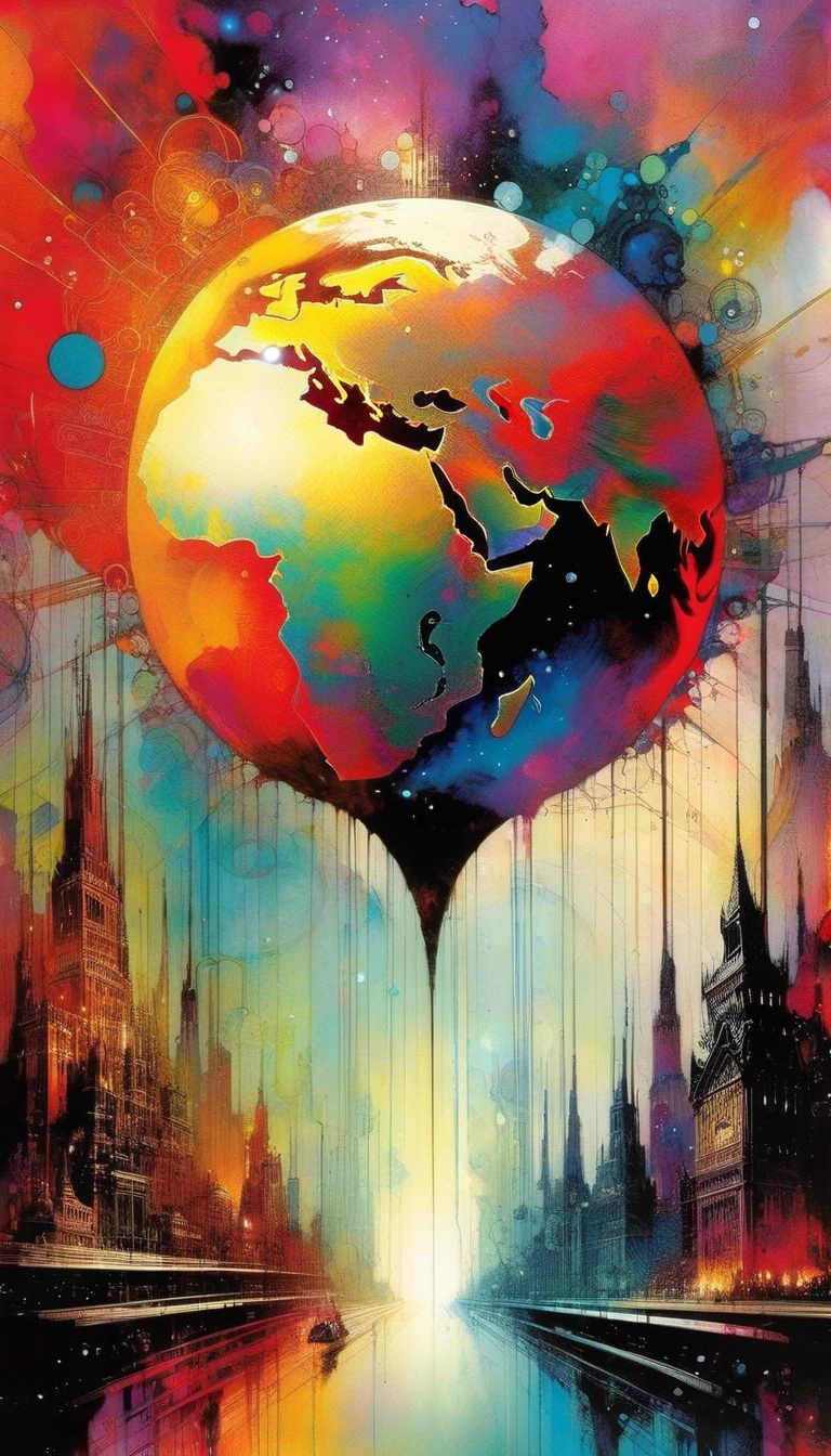 The world, Artwork inspired by Bill Sienkiewicz, vivid colors, intricate details, oil.