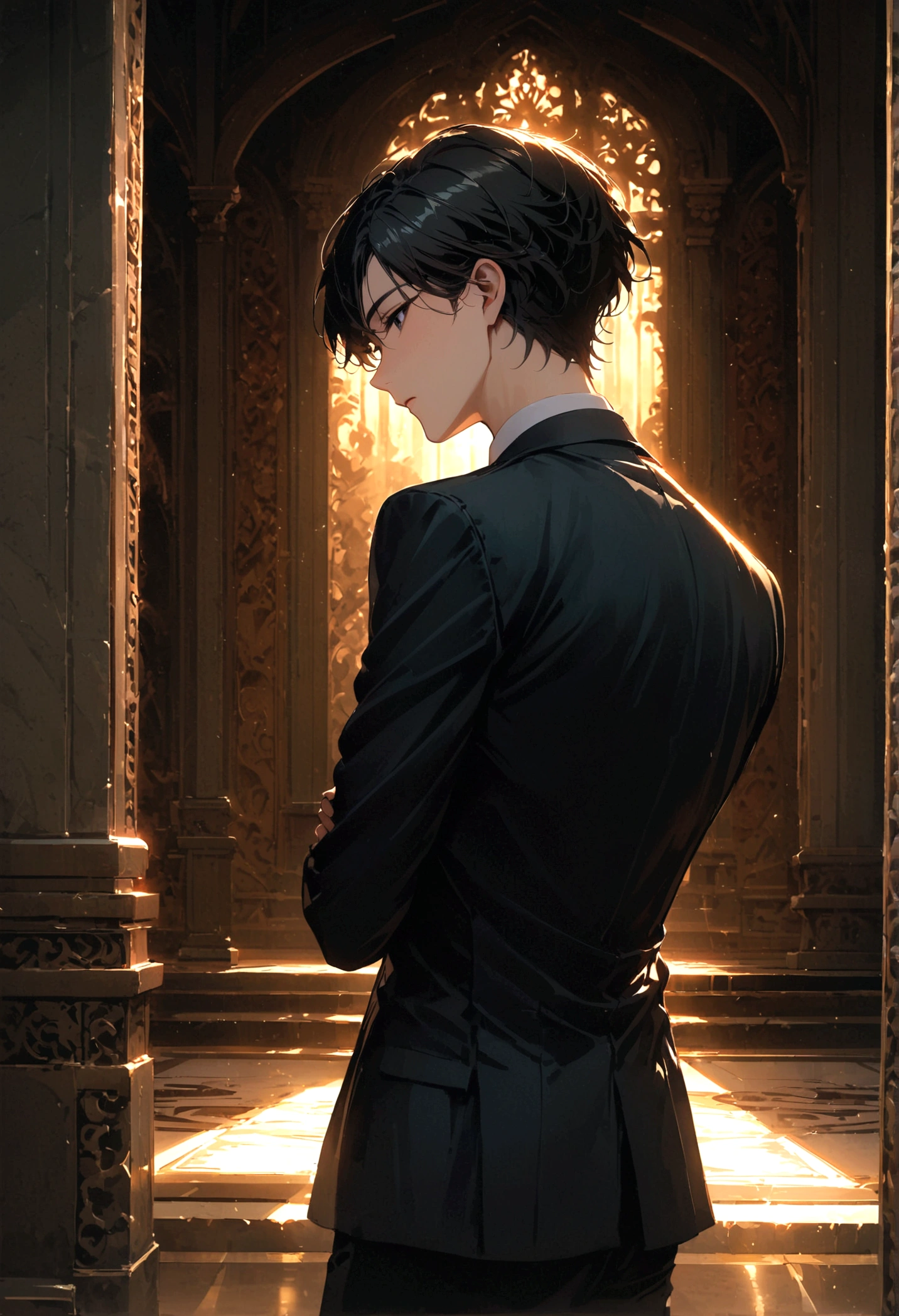 A young man with black hair, black eyes, a black suit stood alone with his back turned half his face in the palace at night.